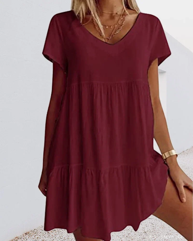 Damen Minikleid mit V-Ausschnitt, Rüschen und kurzen Ärmeln