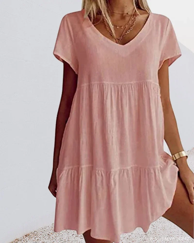 Damen Minikleid mit V-Ausschnitt, Rüschen und kurzen Ärmeln