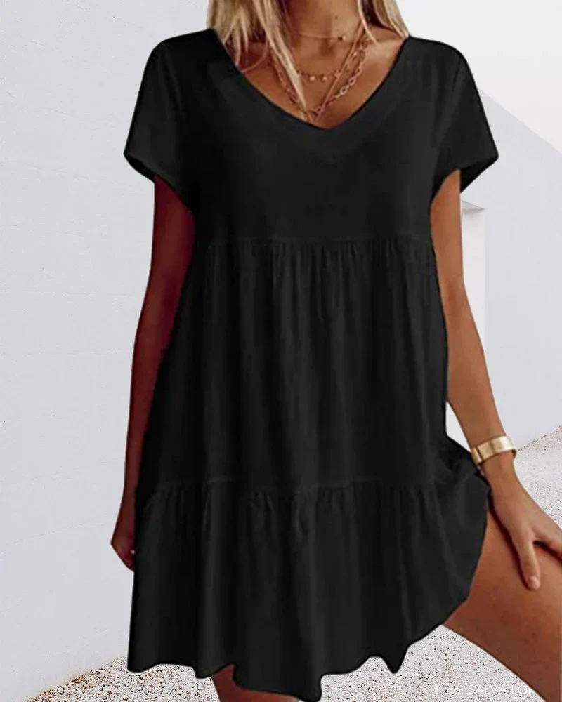 Damen Minikleid mit V-Ausschnitt, Rüschen und kurzen Ärmeln