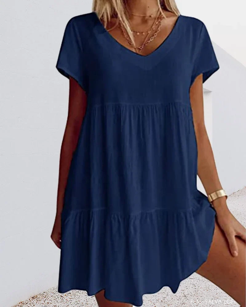 Damen Minikleid mit V-Ausschnitt, Rüschen und kurzen Ärmeln