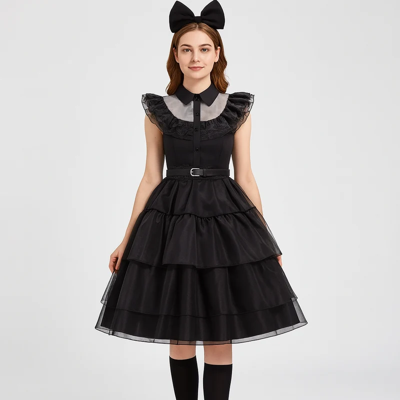 Nythera | Gothic Cosplay Netzkleid mit Lagenkragen