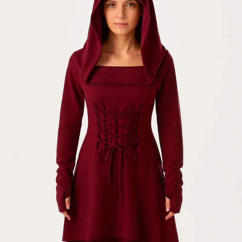 MoonShadow Gothic Kleid – Damen Cosplay Kleid mit Kapuze & Ärmeln