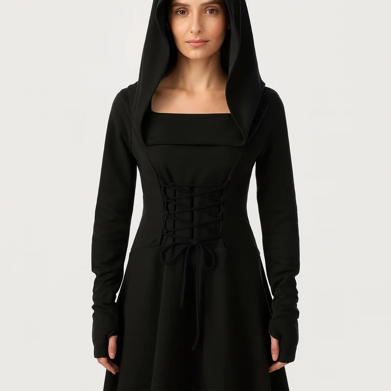 MoonShadow Gothic Kleid – Damen Cosplay Kleid mit Kapuze & Ärmeln