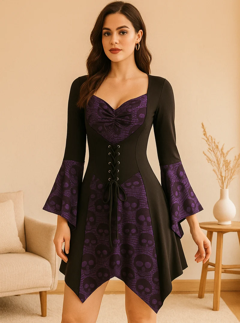 SkullLace Gothic Bluse – Damenbluse mit Totenkopf-Print & Taillenschnürung