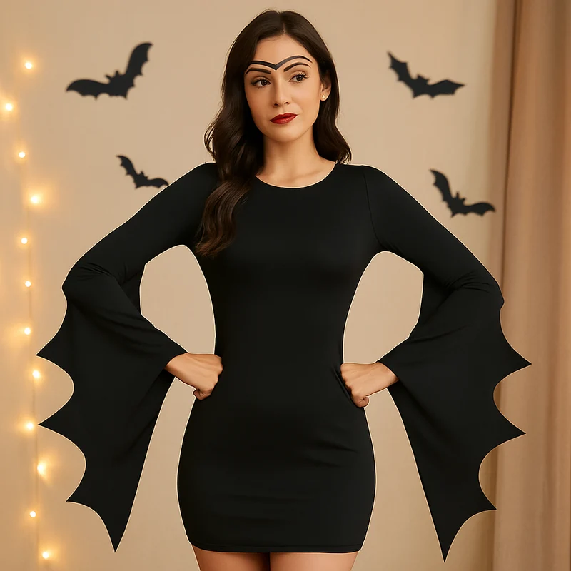 MidnightEve Bodycon Kleid – Schwarzes Damenkleid mit V-Ausschnitt & Fledermausärmeln