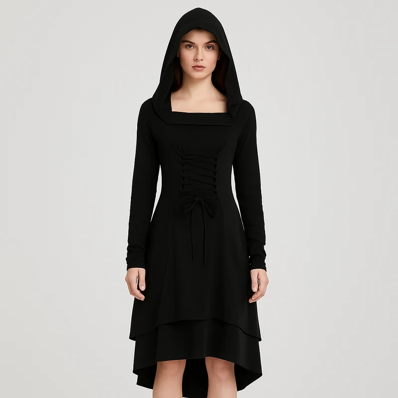 Liesel | Gothic Cosplay-Outfit mit Kapuze und langen Ärmeln