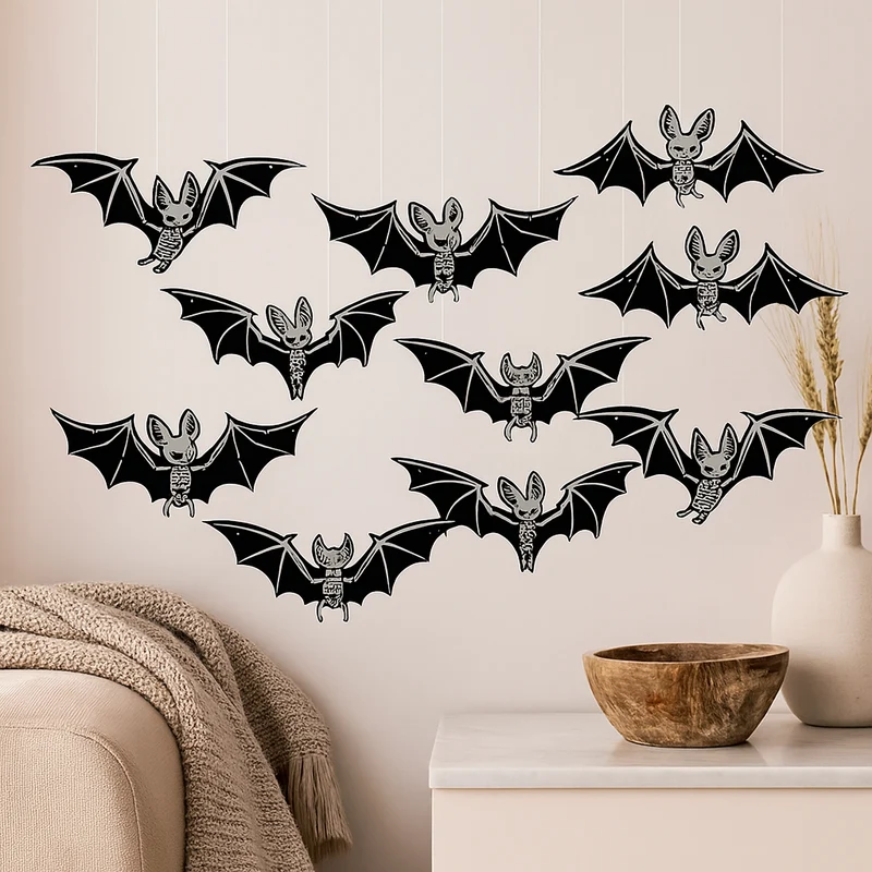 Leuchtendes Fledermaus-Set – 10-teiliges 3D-Halloween-Wand- und Deckendekor aus Kunststoff