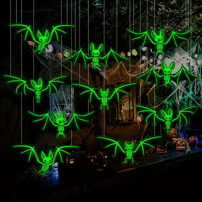 Leuchtendes Fledermaus-Set – 10-teiliges 3D-Halloween-Wand- und Deckendekor aus Kunststoff