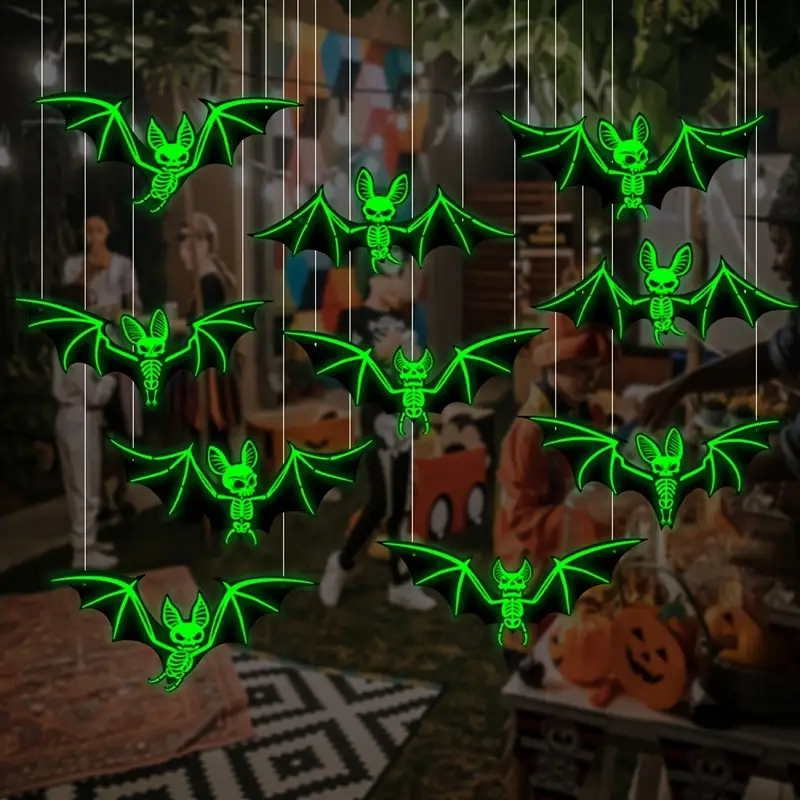 Leuchtendes Fledermaus-Set – 10-teiliges 3D-Halloween-Wand- und Deckendekor aus Kunststoff