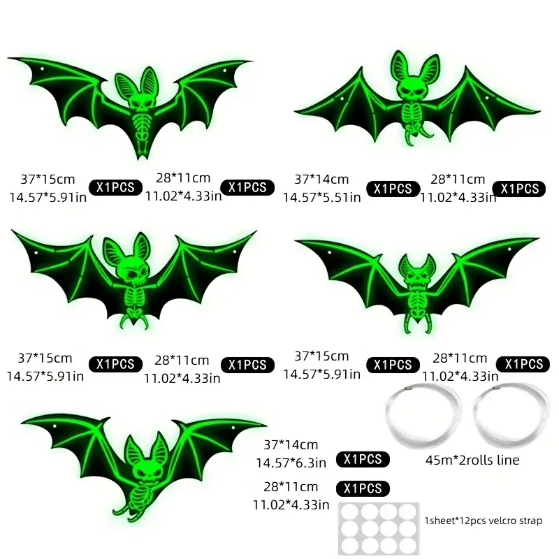 Leuchtendes Fledermaus-Set – 10-teiliges 3D-Halloween-Wand- und Deckendekor aus Kunststoff