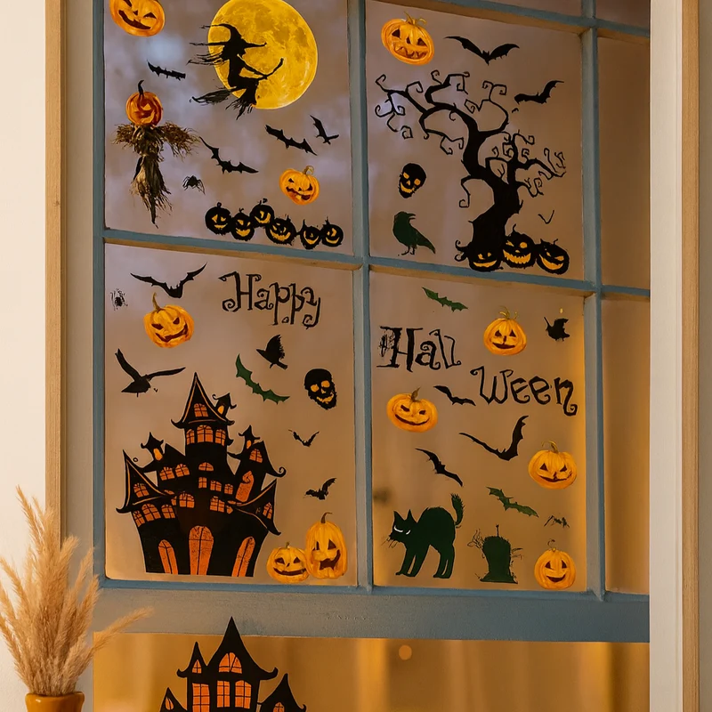 Gloomora | Halloween-Fensteraufkleber-Set mit Fledermäusen und Skeletten