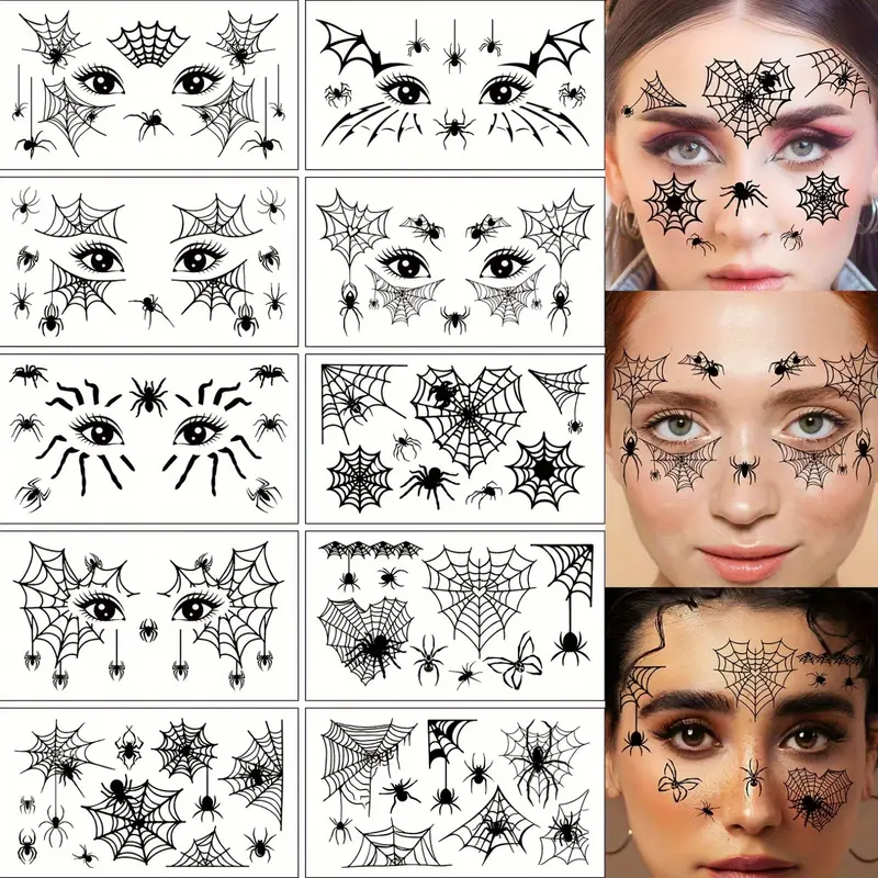 DarkAura | 10er-Pack Halloween Fake Tattoo Aufkleber – Schwarze Spinnennetzmuster für Gesicht, Arme und Partydekoration