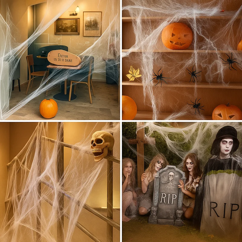 CreepWeb Halloween Deko – 200 g Spinnennetz mit 10 Plastikspinnen