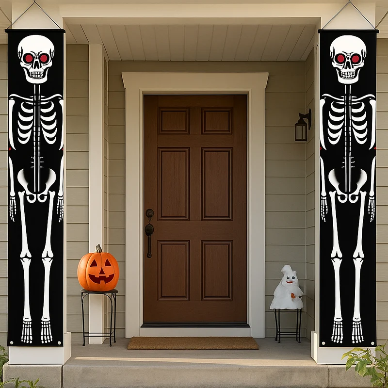 NightShade Halloween Türbanner – 2-teilige doppelseitige Skelettsoldaten aus Polyester