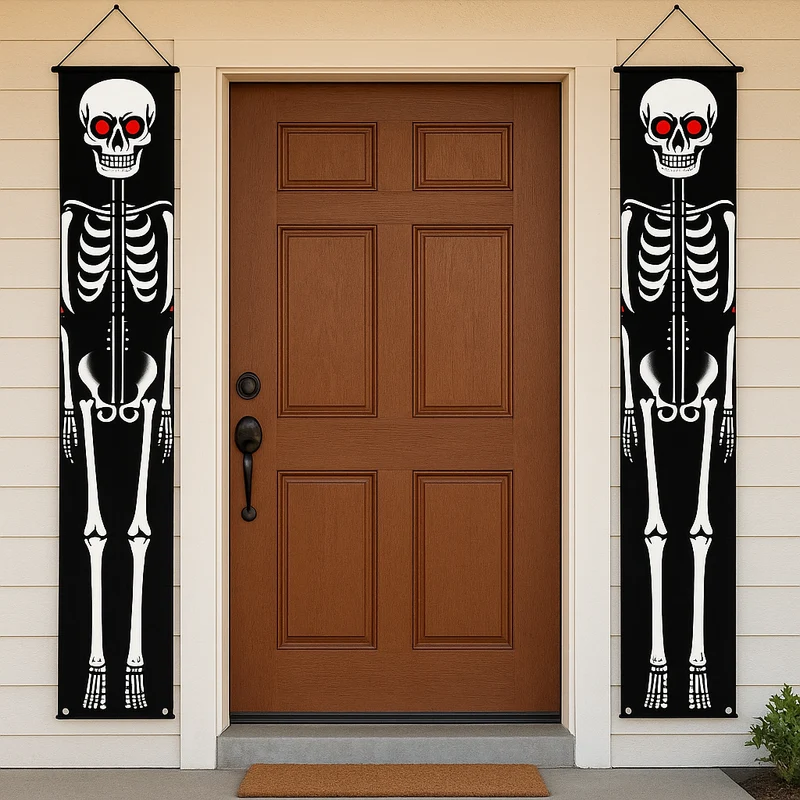 NightShade Halloween Türbanner – 2-teilige doppelseitige Skelettsoldaten aus Polyester