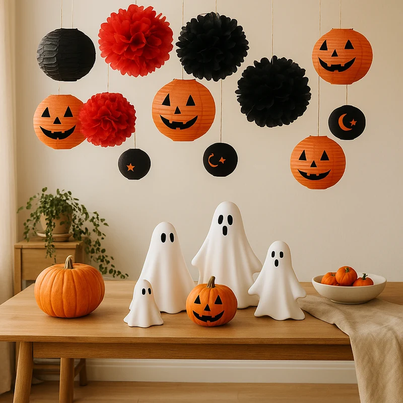 ShadowGlow Halloween Papierlaternen Set – 13 Stück Kürbis & Blumenball Deko