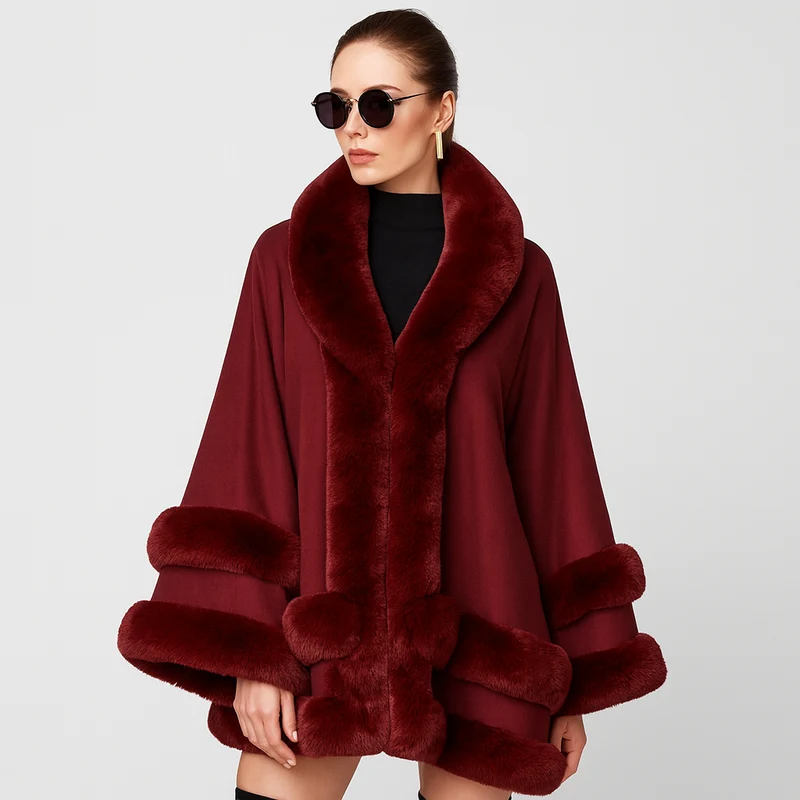 Friedela | Cape-Mantel mit flauschigem Besatz und Kapuze in Übergröße
