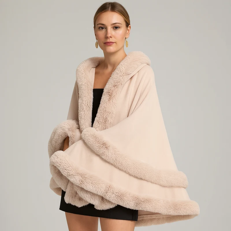 Friedela | Cape-Mantel mit flauschigem Besatz und Kapuze in Übergröße