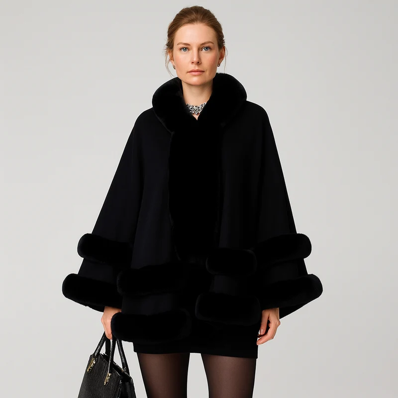 Friedela | Cape-Mantel mit flauschigem Besatz und Kapuze in Übergröße