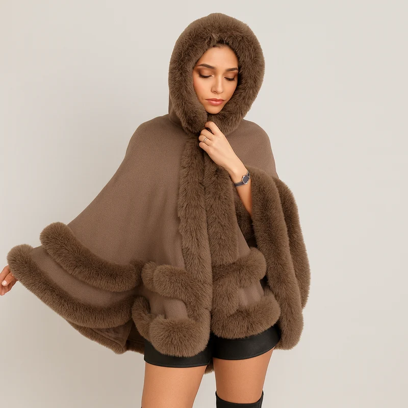 Friedela | Cape-Mantel mit flauschigem Besatz und Kapuze in Übergröße