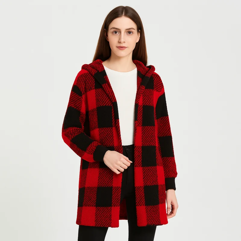 Ava | Damen Fleece-Cardigan mit Kapuze und Karomuster