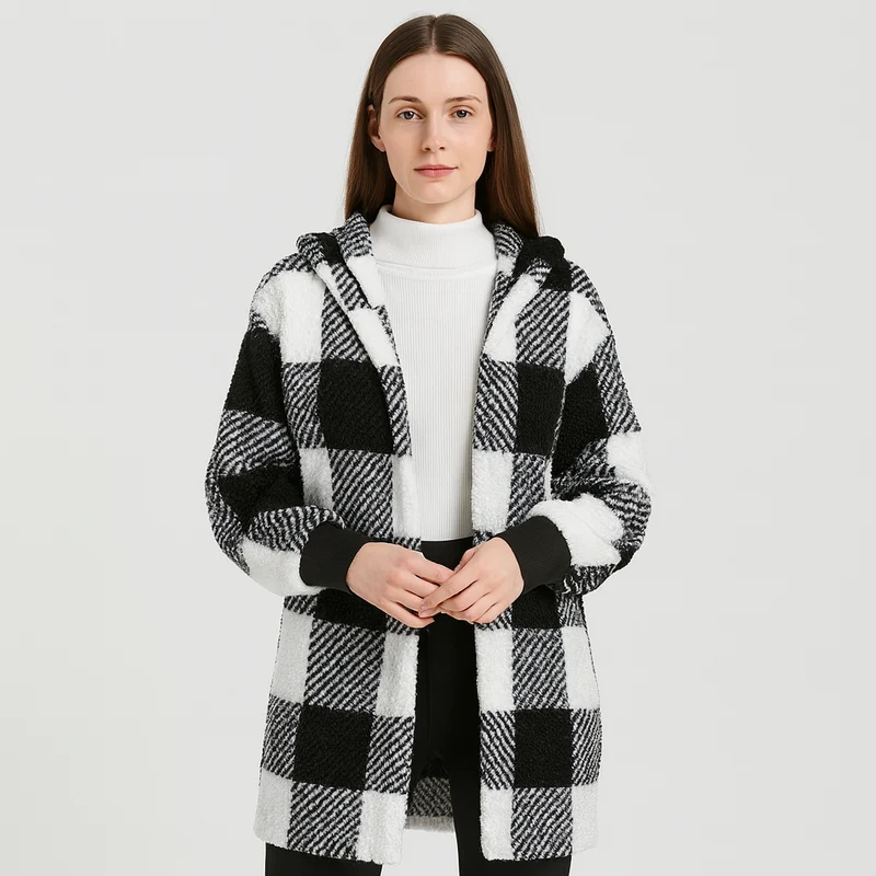 Ava | Damen Fleece-Cardigan mit Kapuze und Karomuster
