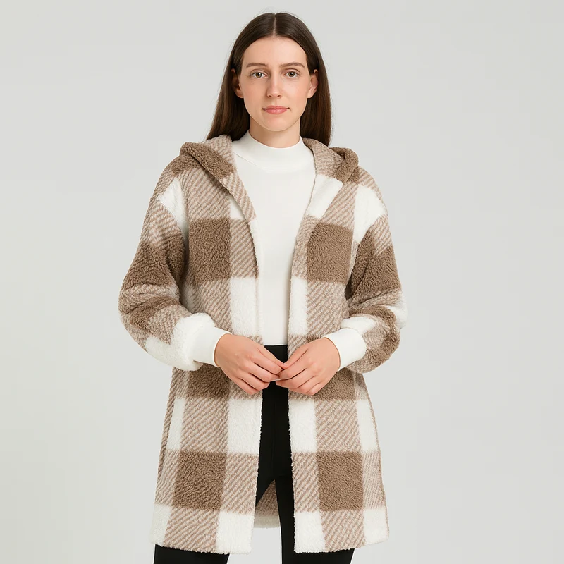 Ava | Damen Fleece-Cardigan mit Kapuze und Karomuster
