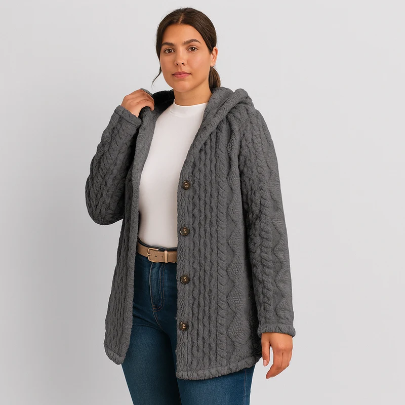 Marlena | Damen Knopf-Front Teddy Hoodie Mantel für Herbst & Winter