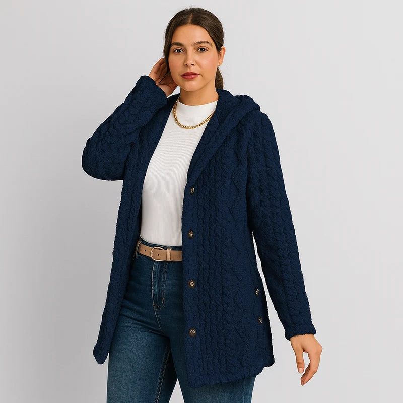 Marlena | Damen Knopf-Front Teddy Hoodie Mantel für Herbst & Winter