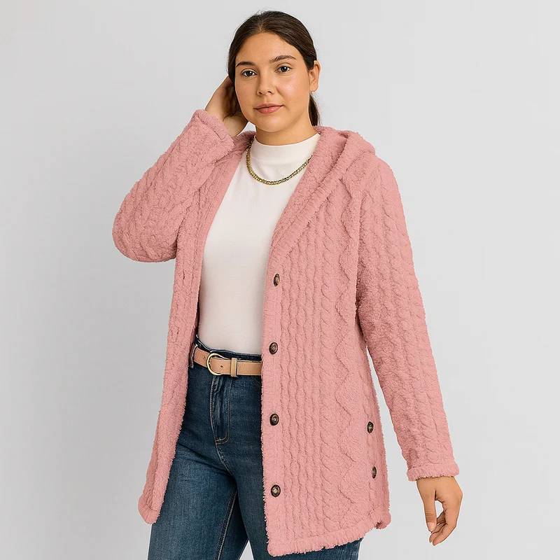 Marlena | Damen Knopf-Front Teddy Hoodie Mantel für Herbst & Winter