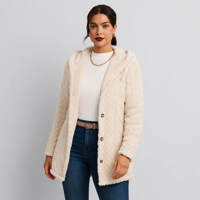 Marlena | Damen Knopf-Front Teddy Hoodie Mantel für Herbst & Winter