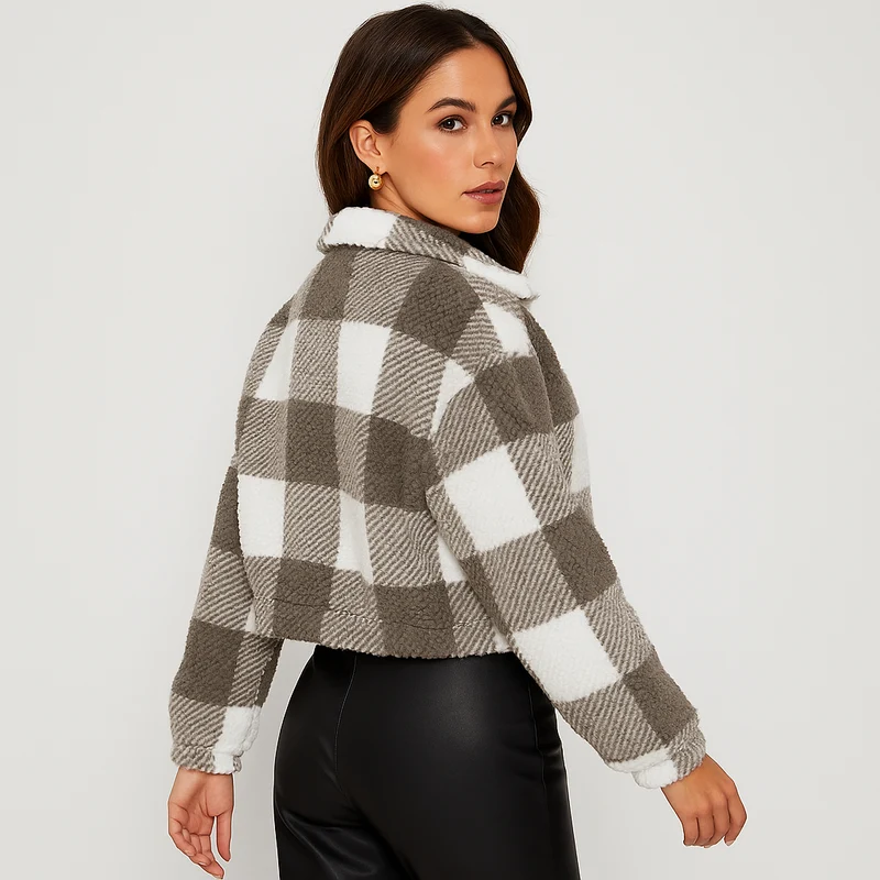 Sabine | Damen Kariertes Teddy-Fleecejacke mit Reißverschluss und Langarm
