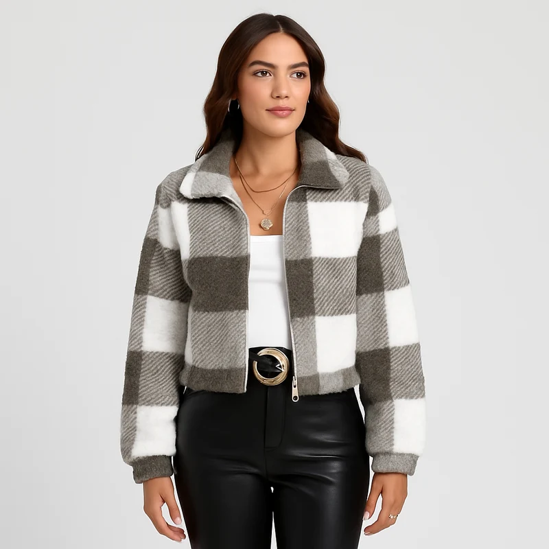 Sabine | Damen Kariertes Teddy-Fleecejacke mit Reißverschluss und Langarm