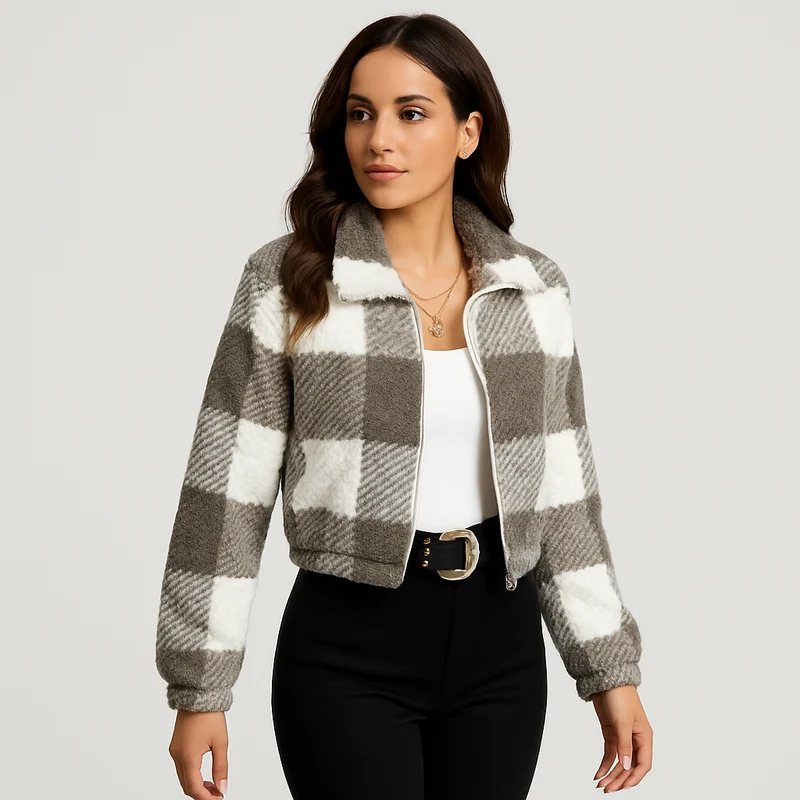Sabine | Damen Kariertes Teddy-Fleecejacke mit Reißverschluss und Langarm