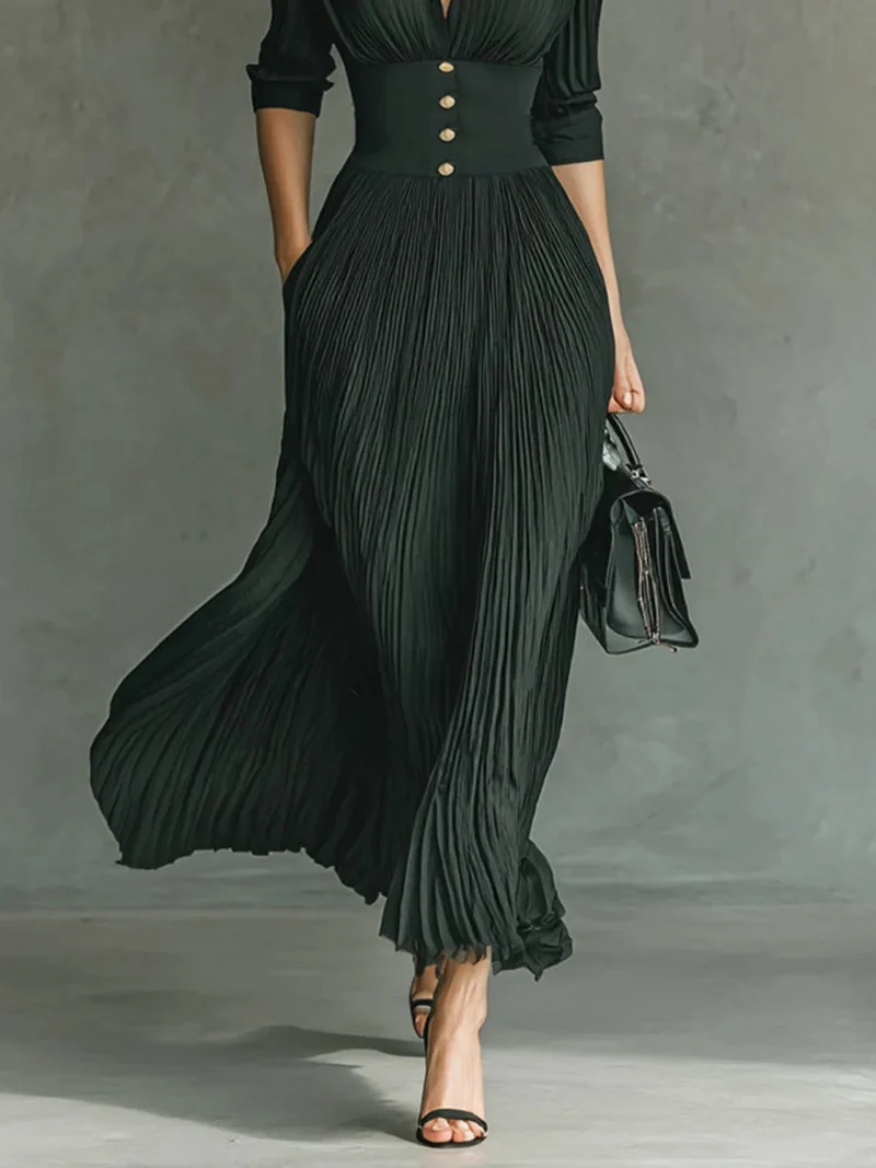 Lena | Damen Elegantes Herbst-Maxikleid mit Plissees