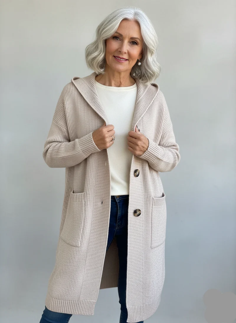 Amelie | Elegante Longline-Strickjacke mit Kapuze für Damen