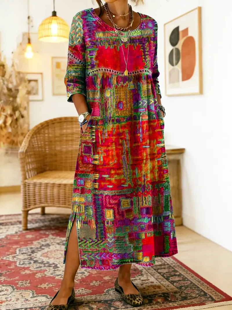 Leni | Damen Boho-Kleid mit Ethno-Patchwork
