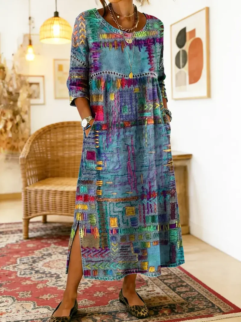 Leni | Damen Boho-Kleid mit Ethno-Patchwork