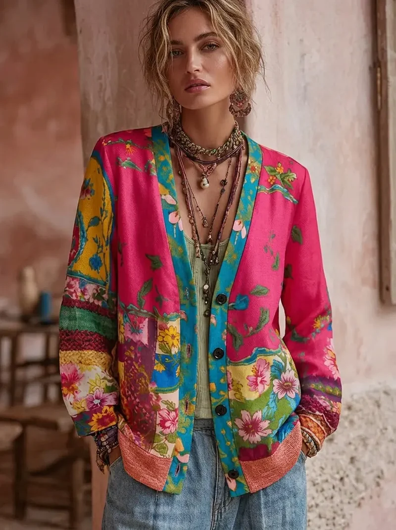 Mia | Damen Strickjacke im Boho-Vintage-Stil mit Blüten