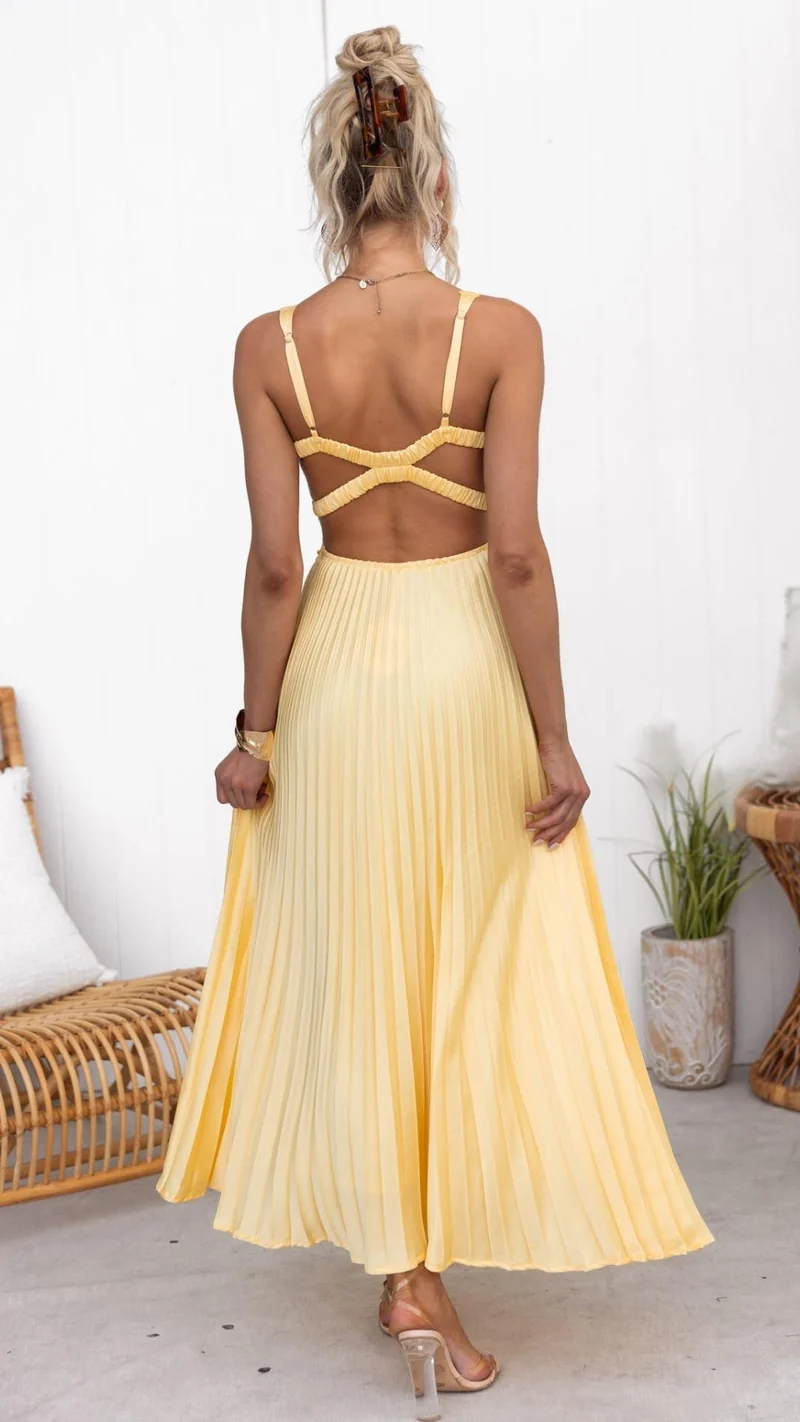 Fiona | Festliches Damen Maxikleid in Gelb Plissiert