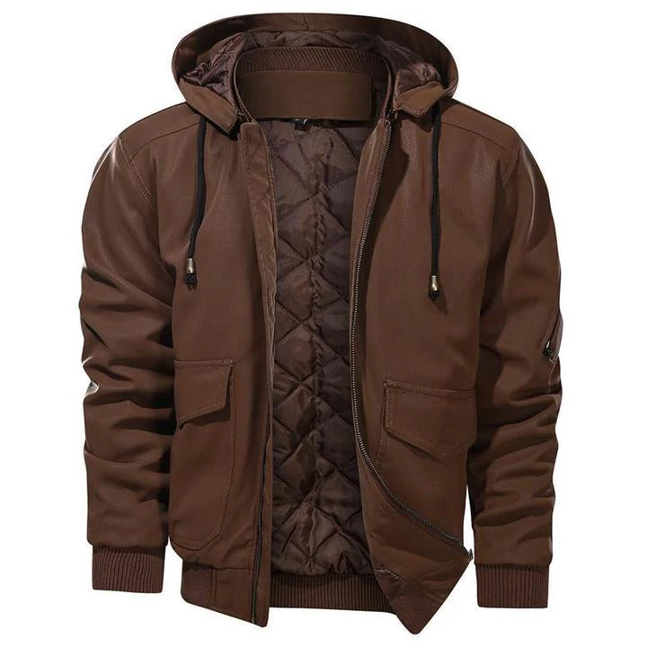 Herren Vegan Lederjacke mit Kapuze