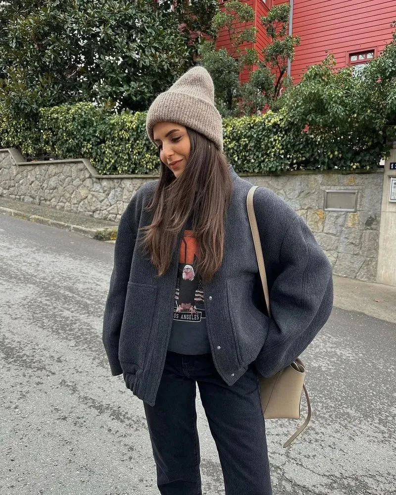 Übergroße Tweed Bomberjacke