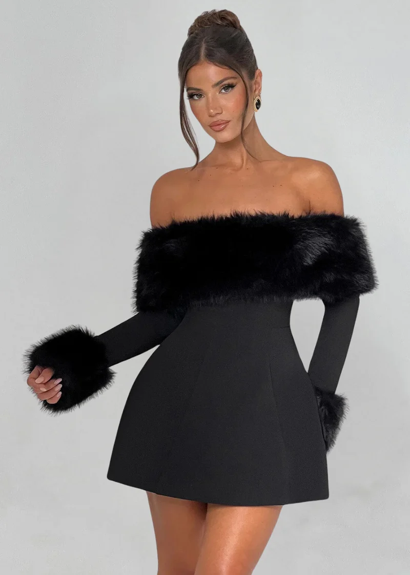 Selina | Off-Shoulder Minikleid mit Fellärmeln