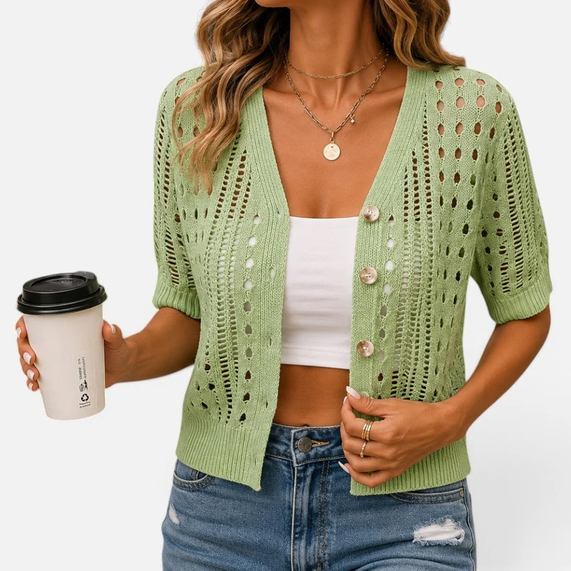 Strickjacke Lochmuster V Ausschnitt Kurzarm Knopfleiste