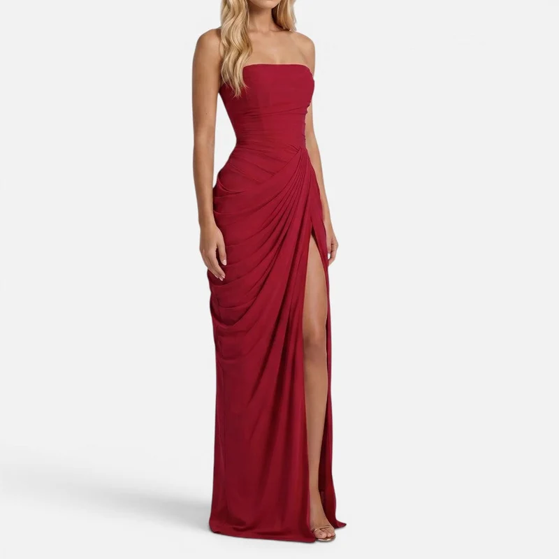 Maxikleid Drapiert Schulterfrei Ärmellos Schlitz