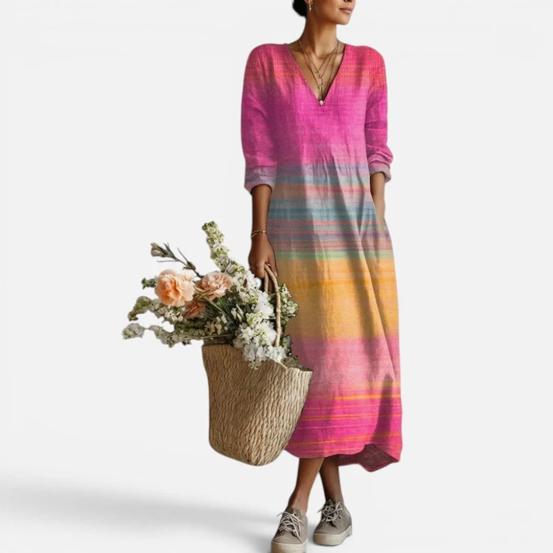 Midikleid V Ausschnitt Langarm Gestreift