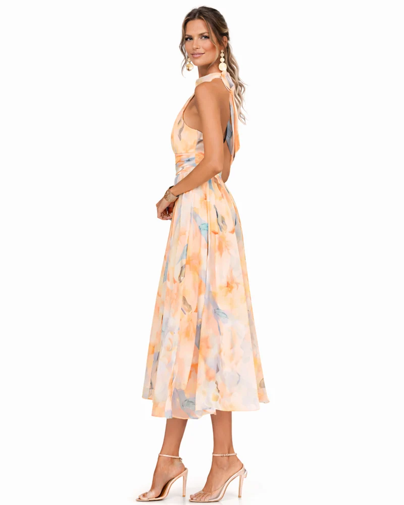 Aurora – Kleid mit Halterneck und Aquarelldruck