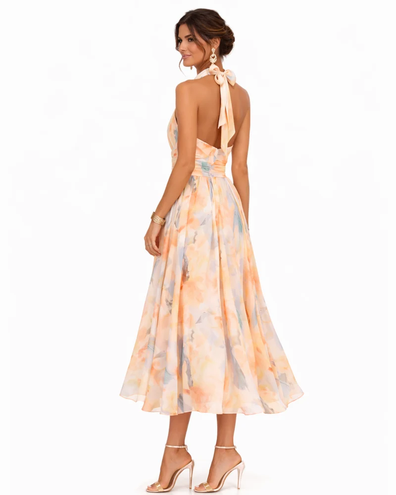 Aurora – Kleid mit Halterneck und Aquarelldruck
