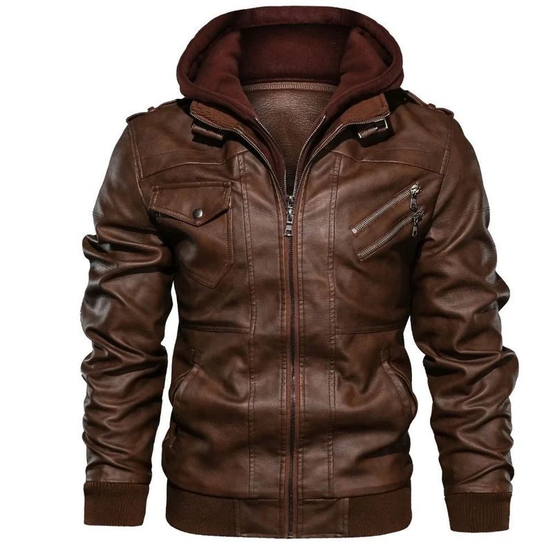 Herren Lederjacke mit Kapuze und Taschen
