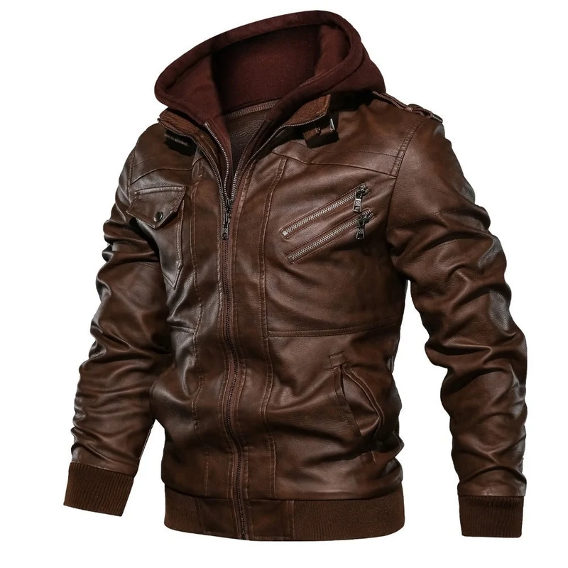 Herren Lederjacke mit Kapuze und Taschen